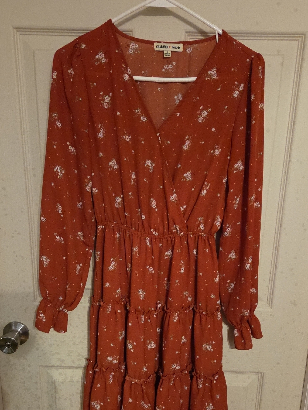 Cradled Hearts Rust Floral Tiered Wrap Midi Dress - Long Sleeve